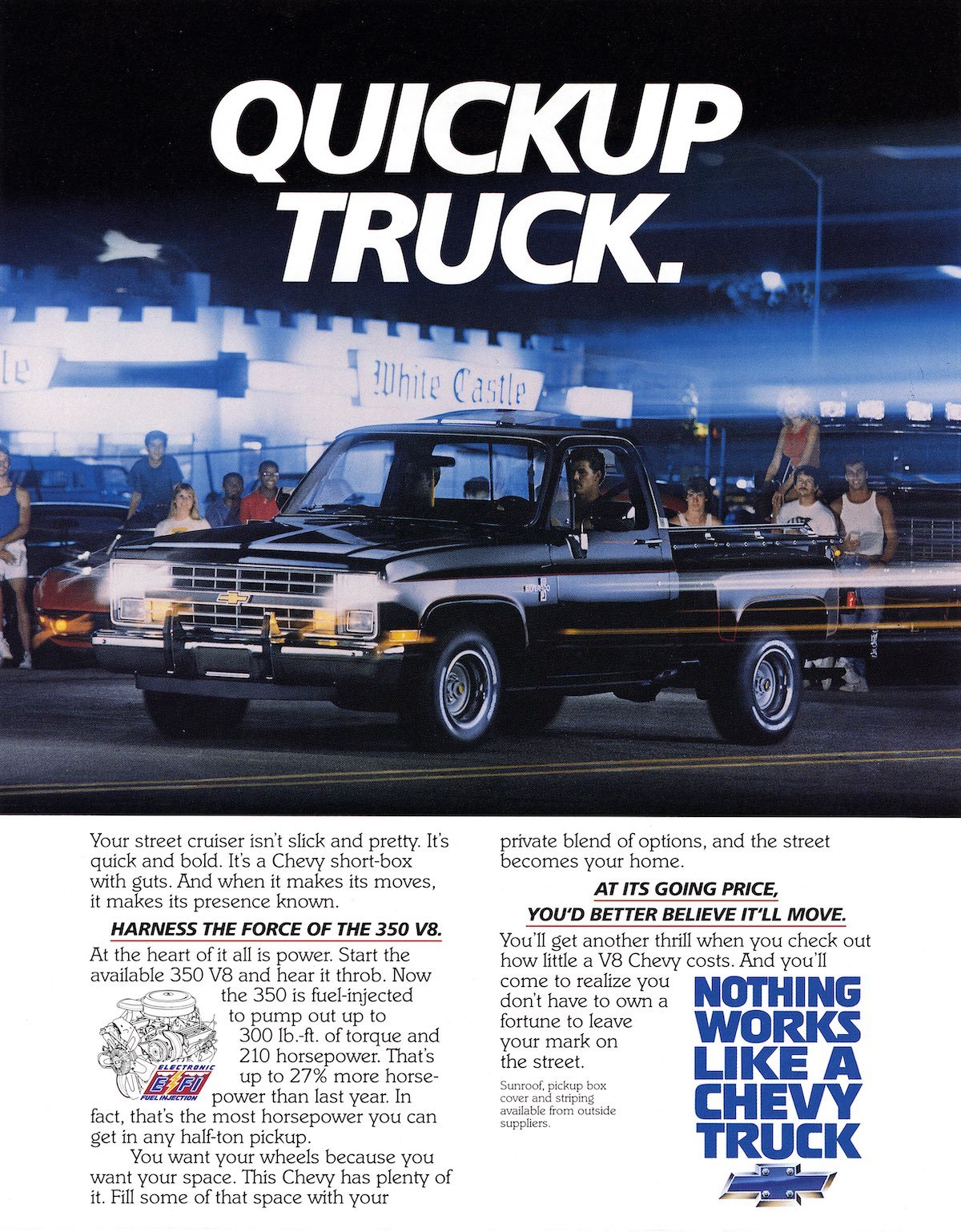 1987 Chevrolet truck advertisement featuring the C10 Silverado half-ton pickup with the available 350-cubic-inch (5.7L) fuel-injected Small Block V-8 engine, rated at 210 horsepower and 300 lb-ft of torque